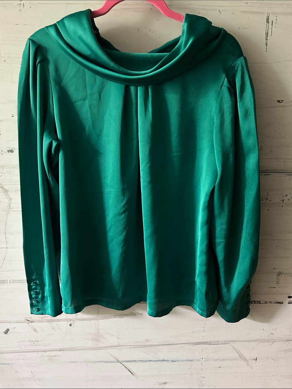 💐 Panther Emerald Green Cowl Neck Blouse Large Elegant Career Top - Picture 2 of 5